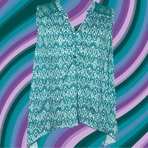 French Laundry Tunic Top Blouse Shirt 1X Ikat Aqua Blue White Henley Sleeveless
